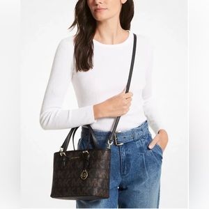 BN Michael Kors Jet Set Carryall xs Tote Crossbody optional Bag Black Brown Gold